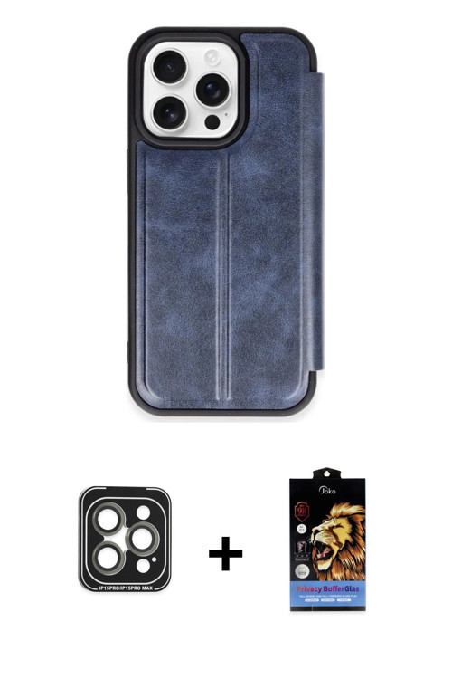 ieg™ iPhone 15 Pro Max Kılıf Zirve Yansıma Serisi - Siyah Buffer Hayalet Cam Ekran Koruyucu + Gri PV
