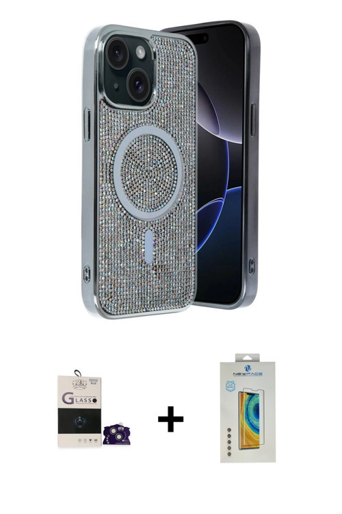 ieg™ iPhone 15 Kılıf Eksen Çizgi - Siyah Polymer Nano Ekran Koruyucu + Sierra Blue Bilvis Titan Kame