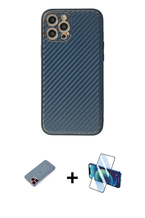 ieg™ iPhone 12 Pro Max Kılıf Ahenk Işık - Siyah 3D Antistatik Cam Ekran Koruyucu + Kırmızı Metal Kam
