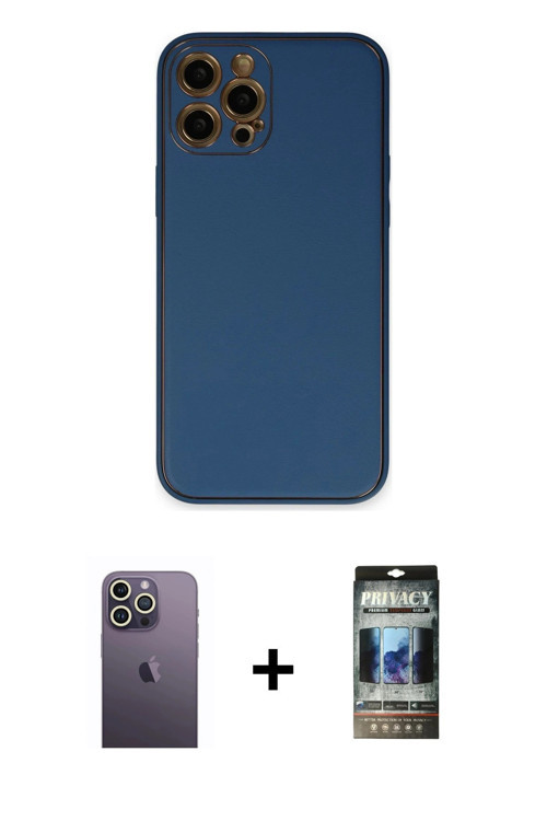 ieg™ iPhone 12 Pro Kılıf Yadigar Klasik - Siyah 34D Hayalet Izgaralı Cam + Beyaz Neon Fosforlu Kamer