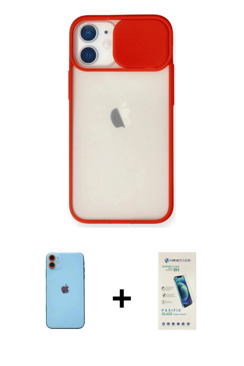 ieg™ iPhone 11 Kılıf Vadi Çizgi - Şeffaf Pasifik Cam Ekran Koruyucu + Turuncu Neon Fosforlu Kamera L