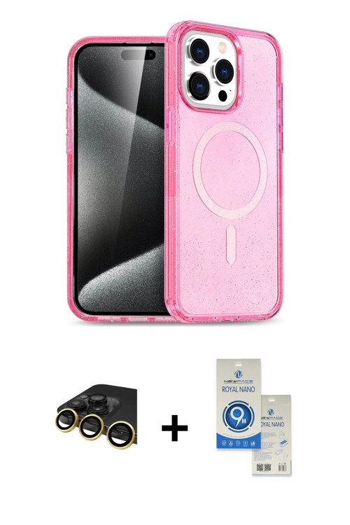 ieg™ iPhone 14 Pro Max Kılıf Eksen Doku Koleksiyonu - Şeffaf Royal Nano Ekran Koruyucu + Gold Raze M