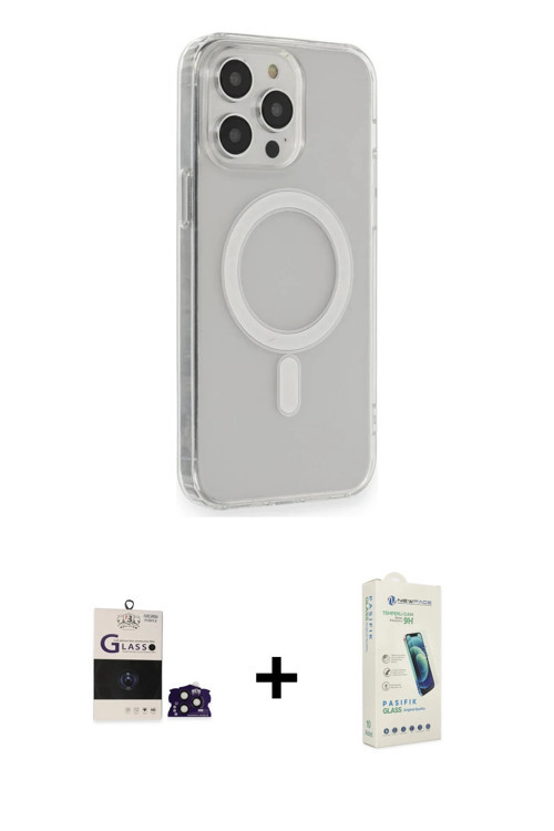ieg™ iPhone 14 Pro Max Kılıf Pusula Çizgi Koleksiyonu - Şeffaf Pasifik Cam Ekran Koruyucu + Derin Mo