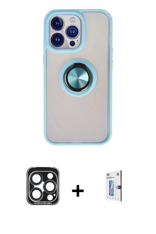 ieg™ iPhone 15 Pro Max Kılıf Yörünge Çizgi - Siyah Bilvis 0.18mm Plus Cam Ekran Koruyucu + Lacivert