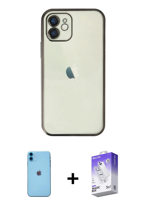 ieg™ iPhone 11 Kılıf Vadi Minimal - Siyah Bilvis 5in1 3D Magic Cam Ekran Koruyucu + Mavi Neon Fosfor