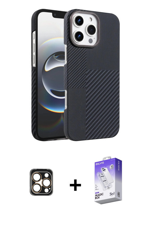 ieg™ iPhone 16 Pro Max Kılıf Doruk Serisi - Siyah Bilvis 5in1 3D Magic Cam Ekran Koruyucu + Gold PVD