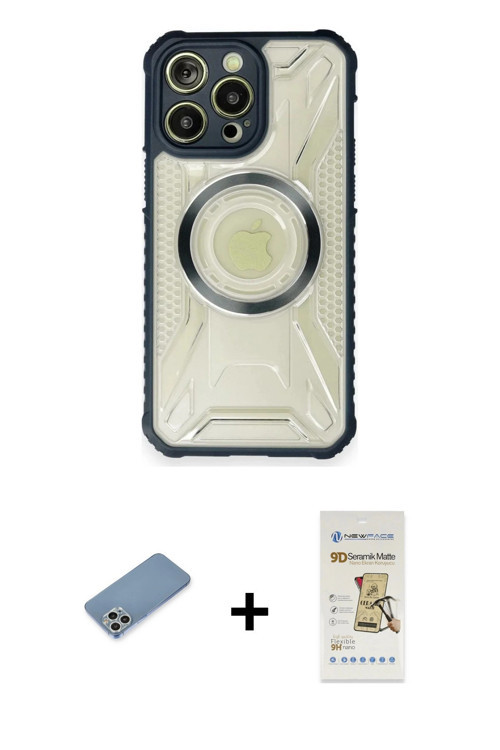 ieg™ iPhone 12 Pro Max Kılıf Kutup Modern - Siyah Mat Seramik Nano Ekran Koruyucu + Gümüş Shine Kame