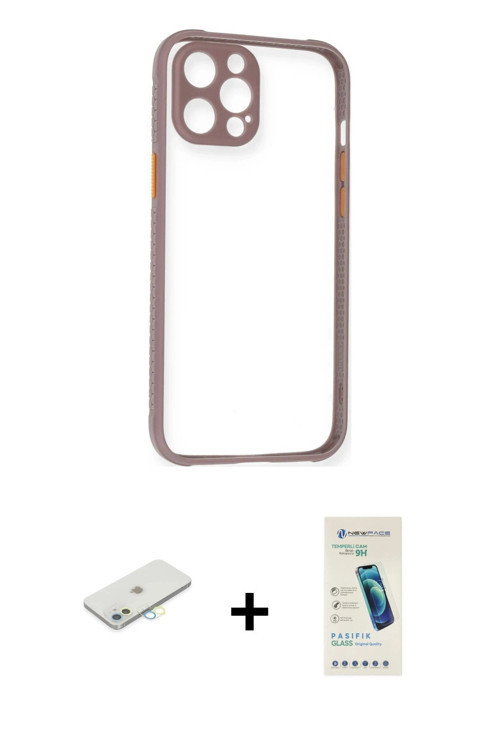 ieg™ iPhone 12 Kılıf Nova Asil Özel Seri - Şeffaf Pasifik Cam Ekran Koruyucu + Sarı Renkli Kamera Le