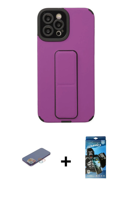 ieg™ iPhone 12 Pro Max Kılıf Çekirdek Yansıma - Siyah 34D Izgaralı Cam + Pembe Renkli Kamera Lens Ko
