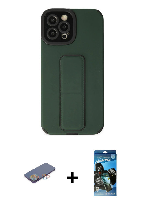 ieg™ iPhone 12 Pro Max Kılıf Çekirdek Yansıma - Siyah 34D Izgaralı Cam + Pembe Renkli Kamera Lens Ko