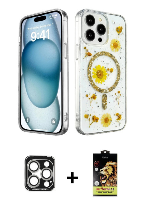 ieg™ iPhone 15 Pro Max Kılıf Kozmos Doku - Siyah Buffer Cam Ekran Koruyucu + Gümüş PVD Metal Kamera
