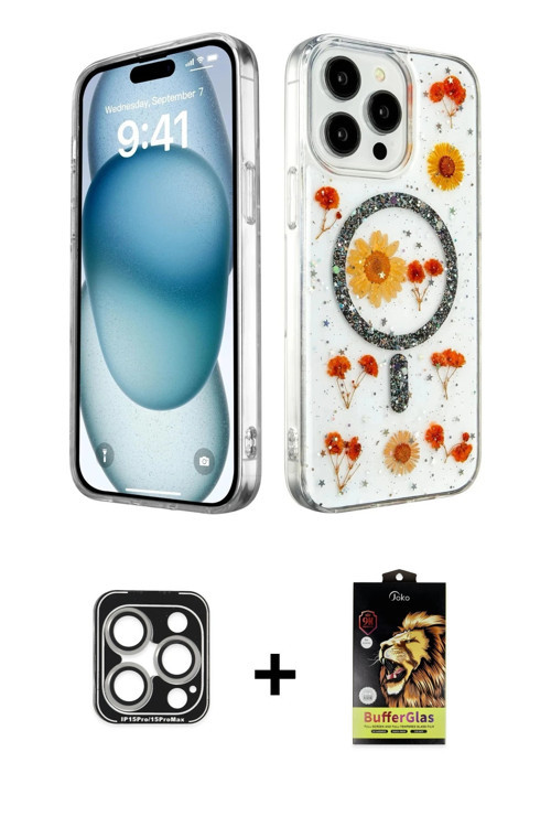 ieg™ iPhone 15 Pro Max Kılıf Kozmos Doku - Siyah Buffer Cam Ekran Koruyucu + Gümüş PVD Metal Kamera