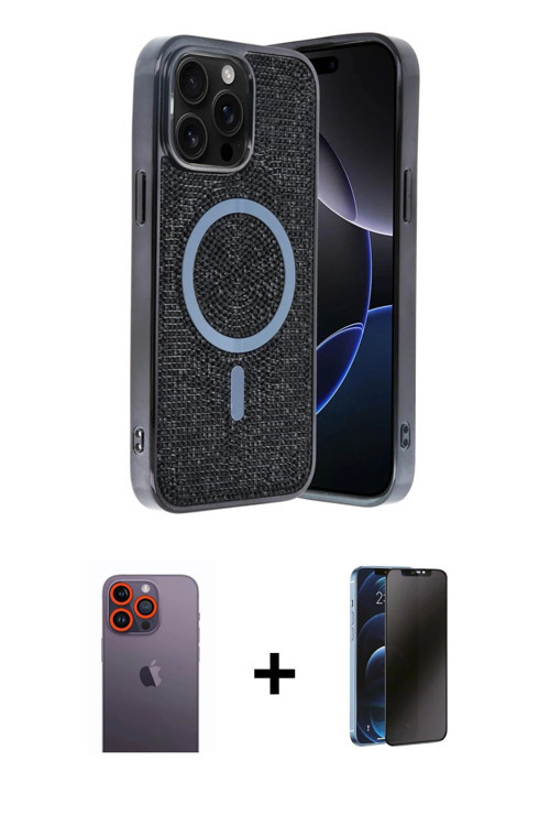 ieg™ iPhone 12 Pro Kılıf Eksen Çizgi - Siyah 3D Antistatik Hayalet Cam Ekran Koruyucu + Turuncu Neon