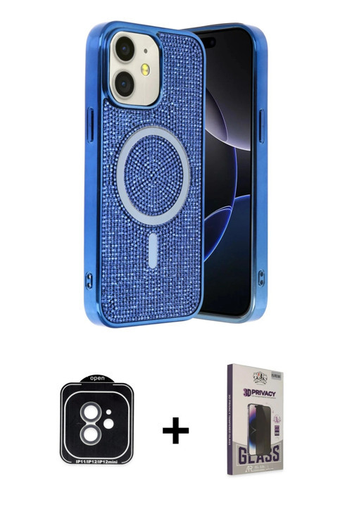 ieg™ iPhone 11 Kılıf Eksen Çizgi - Siyah Bilvis Hayalet Cam Ekran Koruyucu + Yeşil PVD Metal Kamera
