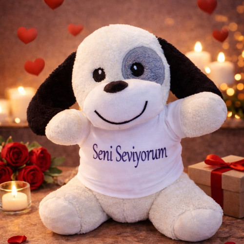 Büro Ev Ofis Sevgiliye Hediye için Seni Seviyorum Tişörtlü Benekli Peluş Köpek
