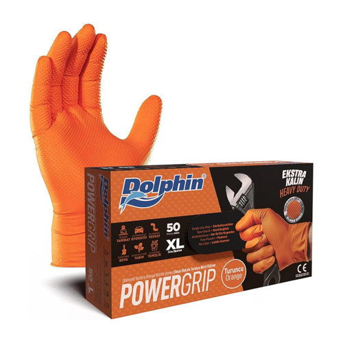 Nitril PowerGrip Ekstra Kalın Elmas Dokulu Eldiven Turuncu XL Büyük Boy - 50'li Paket
