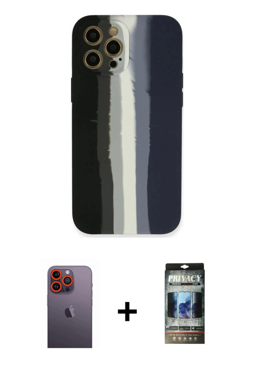 ieg™ iPhone 12 Pro Kılıf Yadigar Çizgi - Siyah 34D Hayalet Izgaralı Cam + Turuncu Neon Fosforlu Kame