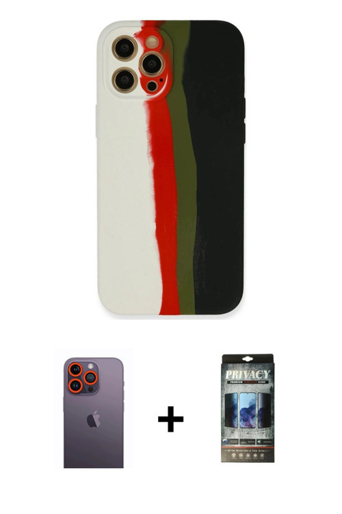 ieg™ iPhone 12 Pro Kılıf Yadigar Çizgi - Siyah 34D Hayalet Izgaralı Cam + Turuncu Neon Fosforlu Kame