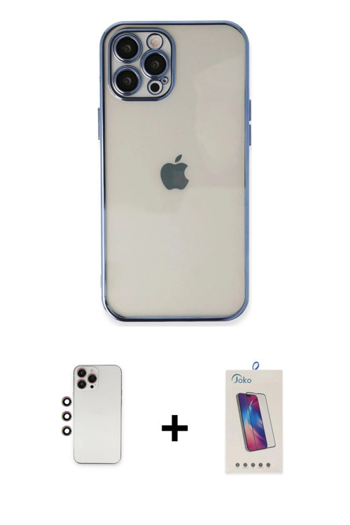 ieg™ iPhone 12 Pro Max Kılıf Vadi Minimal - Siyah Joko 5D Cam + Gökkuşağı Shine Kamera Lens