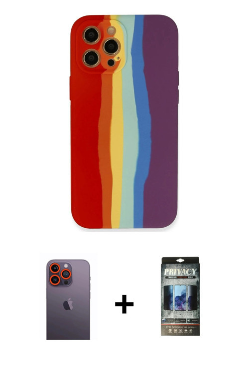 ieg™ iPhone 12 Pro Kılıf Yadigar Çizgi - Siyah 34D Hayalet Izgaralı Cam + Turuncu Neon Fosforlu Kame