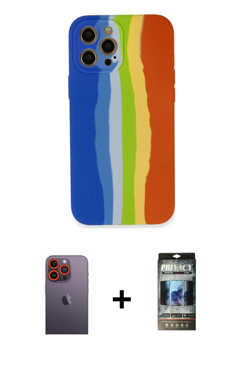 ieg™ iPhone 12 Pro Kılıf Yadigar Çizgi - Siyah 34D Hayalet Izgaralı Cam + Turuncu Neon Fosforlu Kame