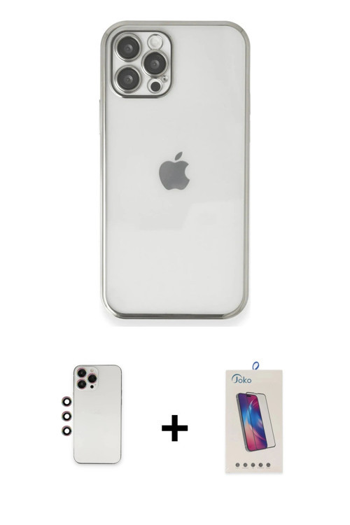 ieg™ iPhone 12 Pro Max Kılıf Vadi Minimal - Siyah Joko 5D Cam + Gökkuşağı Shine Kamera Lens