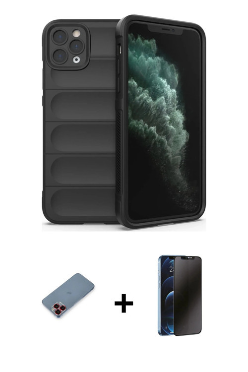 ieg™ iPhone 11 Pro Kılıf Atlas Koleksiyonu - Siyah 3D Antistatik Hayalet Cam Ekran Koruyucu + Kırmız