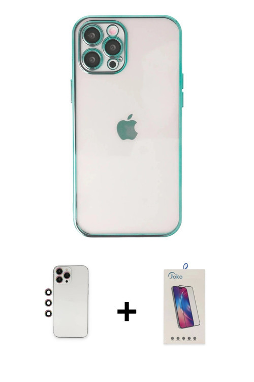 ieg™ iPhone 12 Pro Max Kılıf Vadi Minimal - Siyah Joko 5D Cam + Gökkuşağı Shine Kamera Lens