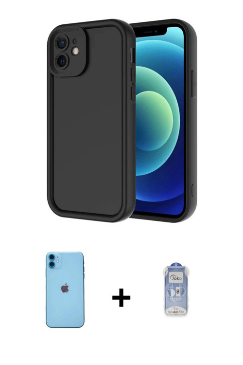ieg™ iPhone 11 Kılıf Yankı Yansıma Özel Seri - Siyah Joko Magic 5D Cam + Mavi Neon Fosforlu Kamera L