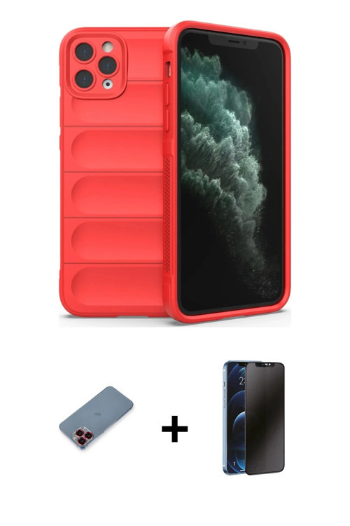 ieg™ iPhone 11 Pro Kılıf Atlas Koleksiyonu - Siyah 3D Antistatik Hayalet Cam Ekran Koruyucu + Kırmız
