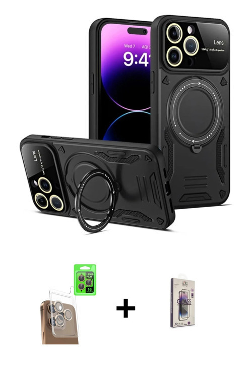 ieg™ iPhone 16 Pro Kılıf Kıvılcım Modern Serisi - Siyah Bilvis 3D Cam Ekran Koruyucu + Çöl Titanyum