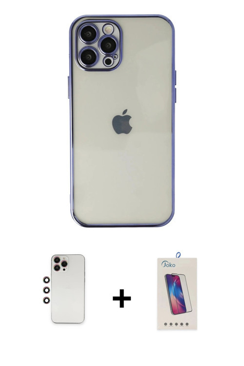 ieg™ iPhone 12 Pro Max Kılıf Vadi Minimal - Siyah Joko 5D Cam + Gökkuşağı Shine Kamera Lens