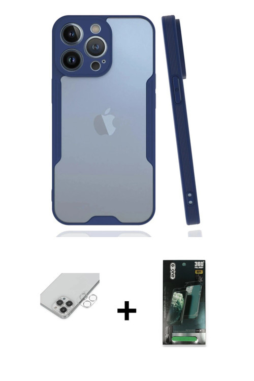 ieg™ iPhone 14 Pro Max Kılıf Atlas Asil Serisi - Şeffaf 360 Full Body Arka Koruyucu + Gümüş Band Met