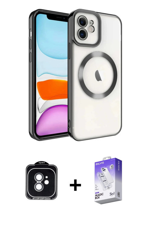 ieg™ iPhone 11 Kılıf Nova Işık Özel Seri - Siyah Bilvis 5in1 3D Magic Cam Ekran Koruyucu + Yeşil PVD