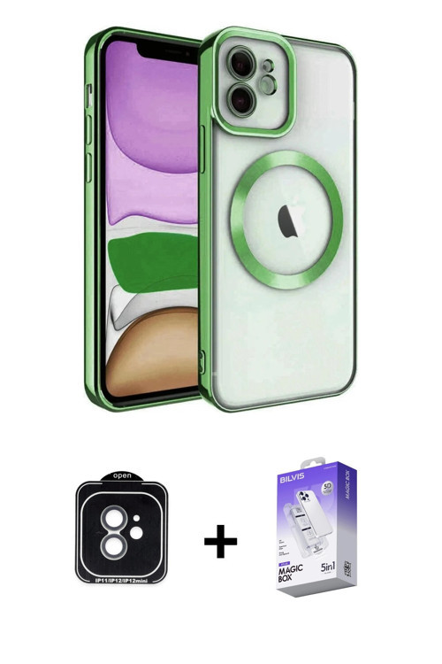 ieg™ iPhone 11 Kılıf Nova Işık Özel Seri - Siyah Bilvis 5in1 3D Magic Cam Ekran Koruyucu + Yeşil PVD