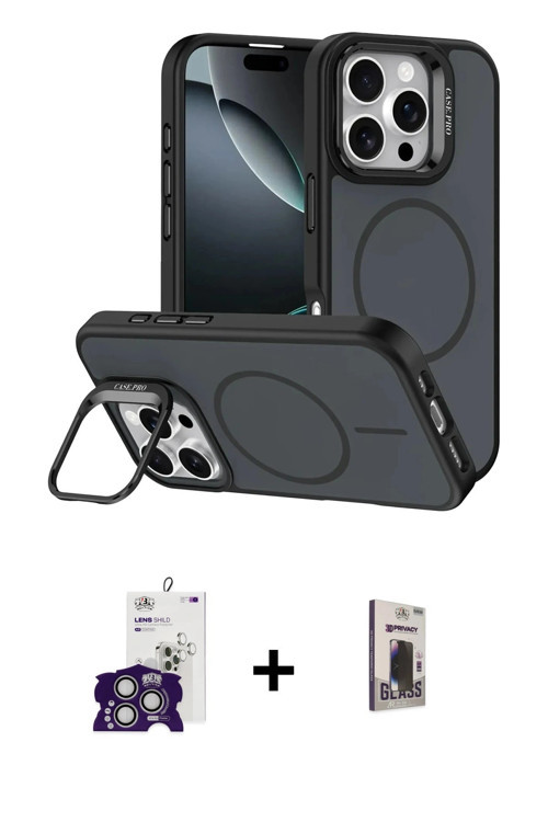 ieg™ iPhone 16 Pro Max Kılıf Çekirdek Klasik - Siyah Bilvis Hayalet Cam Ekran Koruyucu + Gümüş Bilvi