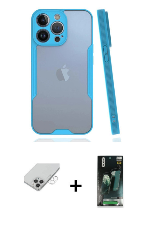 ieg™ iPhone 14 Pro Max Kılıf Atlas Asil Serisi - Şeffaf 360 Full Body Arka Koruyucu + Gümüş Band Met