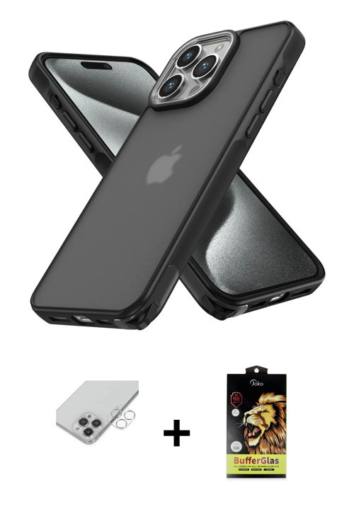 ieg™ iPhone 14 Pro Max Kılıf Atlas Form - Siyah Buffer Cam Ekran Koruyucu + Gümüş Band Metal Kamera