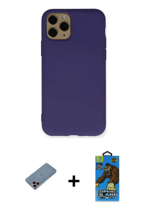 ieg™ iPhone 11 Pro Max Kılıf Ahenk Serisi - Siyah 18D Cam Ekran Koruyucu + Pembe Shine Kamera Lens K