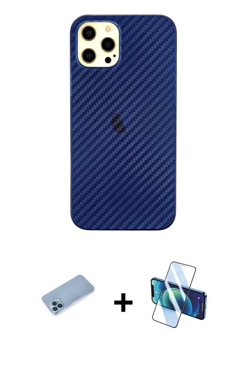 ieg™ iPhone 12 Pro Max Kılıf Nova Çizgi - Siyah 3D Antistatik Seramik Nano Ekran Koruyucu + Mavi Shi