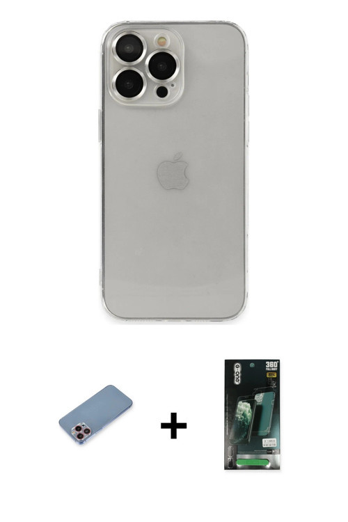 ieg™ iPhone 13 Pro Max Kılıf Ufuk Minimal Özel Seri - Şeffaf 360 Full Body Arka Koruyucu + Pembe Shi