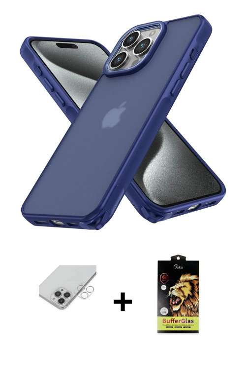 ieg™ iPhone 14 Pro Max Kılıf Atlas Form - Siyah Buffer Cam Ekran Koruyucu + Gümüş Band Metal Kamera
