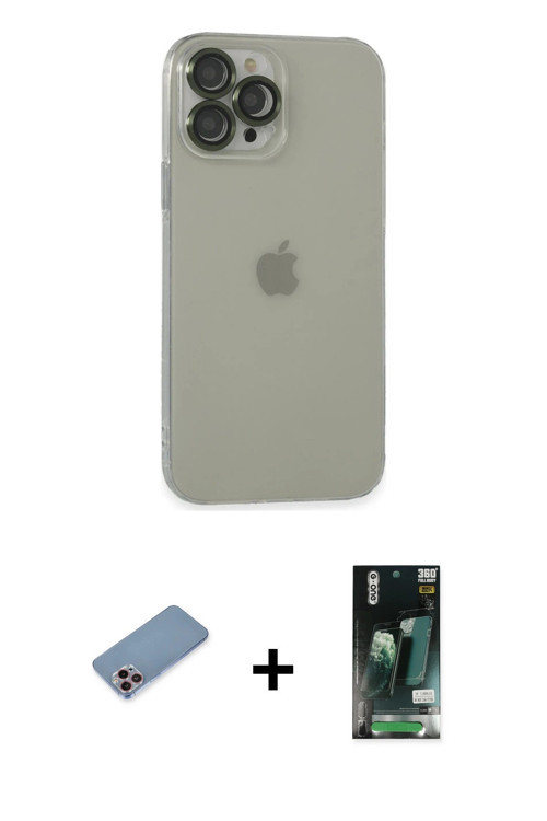 ieg™ iPhone 13 Pro Max Kılıf Ufuk Minimal Özel Seri - Şeffaf 360 Full Body Arka Koruyucu + Pembe Shi