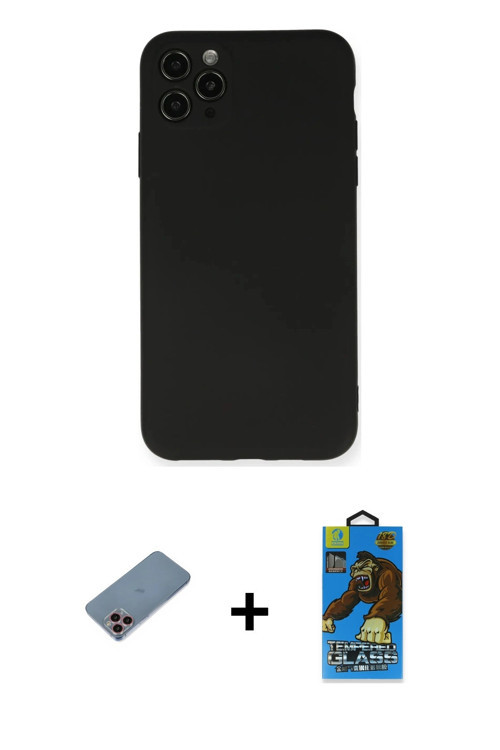 ieg™ iPhone 11 Pro Max Kılıf Ahenk Serisi - Siyah 18D Cam Ekran Koruyucu + Pembe Shine Kamera Lens K