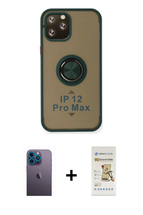 ieg™ iPhone 12 Pro Max Kılıf Yörünge Çizgi - Siyah Mat Seramik Nano Ekran Koruyucu + Mavi Neon Fosfo