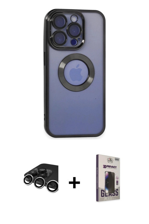 ieg™ iPhone 15 Pro Kılıf Pusula Form - Siyah Bilvis Hayalet Cam Ekran Koruyucu + Gümüş Raze Metal Ka