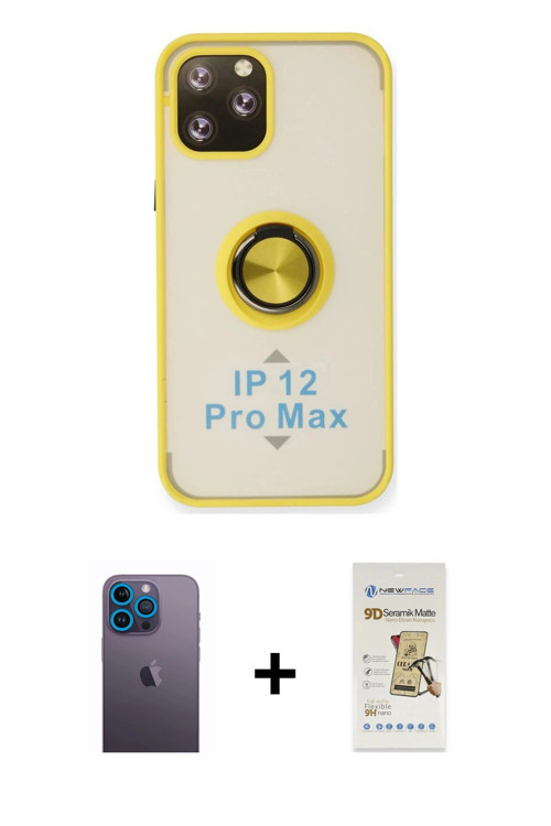 ieg™ iPhone 12 Pro Max Kılıf Yörünge Çizgi - Siyah Mat Seramik Nano Ekran Koruyucu + Mavi Neon Fosfo