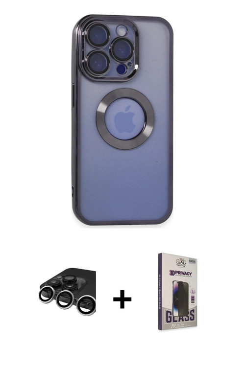 ieg™ iPhone 15 Pro Kılıf Pusula Form - Siyah Bilvis Hayalet Cam Ekran Koruyucu + Gümüş Raze Metal Ka