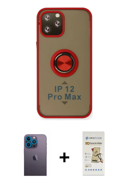 ieg™ iPhone 12 Pro Max Kılıf Yörünge Çizgi - Siyah Mat Seramik Nano Ekran Koruyucu + Mavi Neon Fosfo