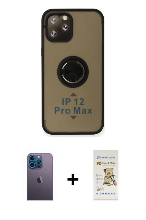 ieg™ iPhone 12 Pro Max Kılıf Yörünge Çizgi - Siyah Mat Seramik Nano Ekran Koruyucu + Mavi Neon Fosfo
